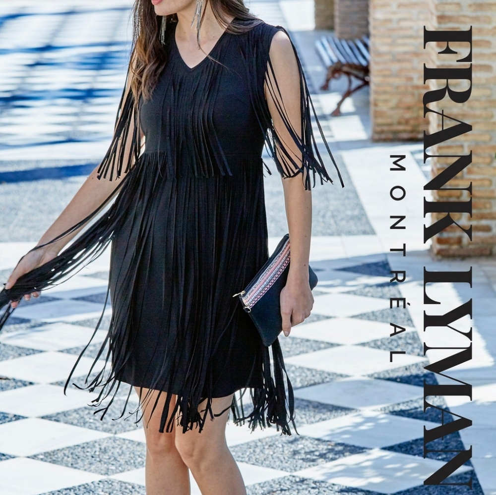 Frank Lyman Black Fringe Sleeveless Dress Flapper Midi Goth XS